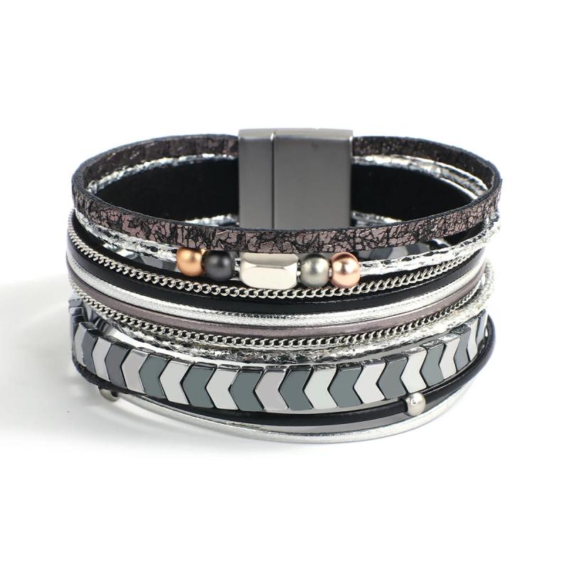 Hematite Beaded Stone Cuff Bracelet Leather Wrap Boho Jewelry
