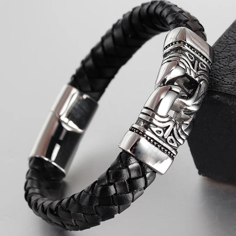 Men's Vintage Leather Bracelet with Stainless Steel Magnetic Clasps