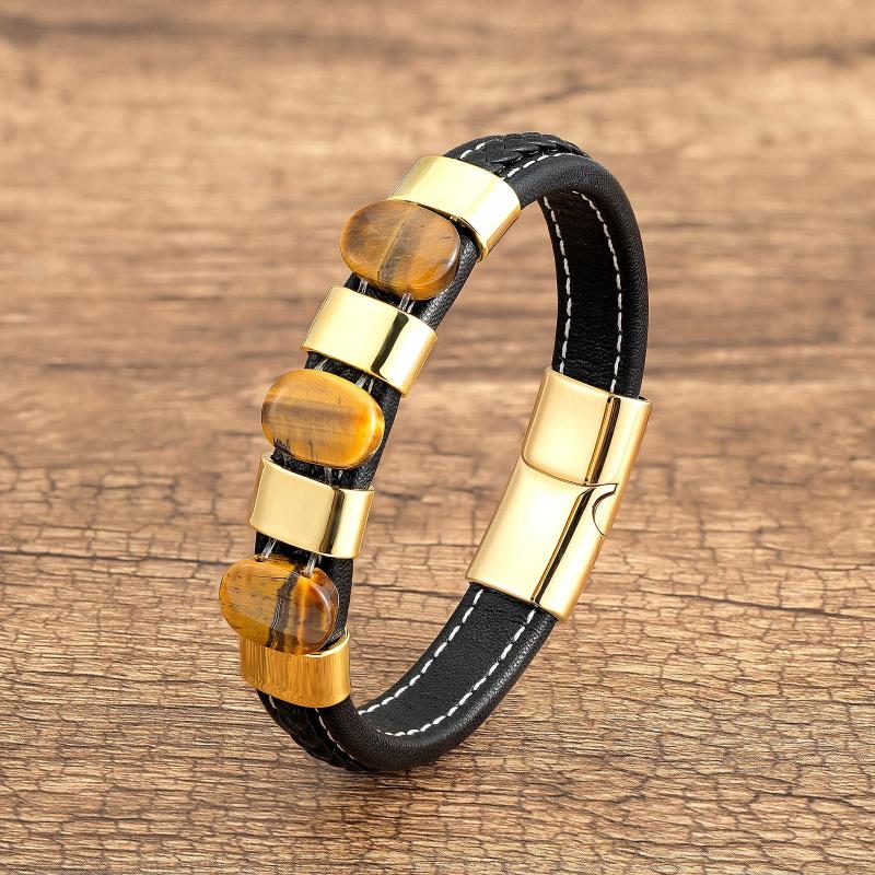 Vintage Leather Bracelets Natural Tiger Eye Charm Men Jewelry