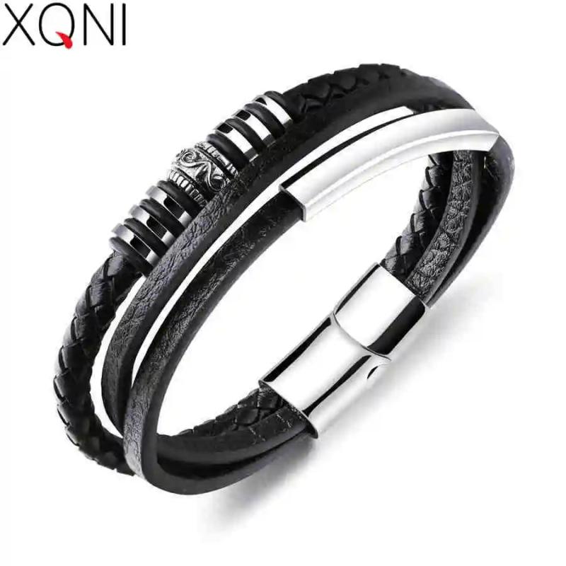 Mans Leather Bracelet Stainless Steel Magnet 200mm Birthday Gift