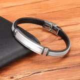 Stainless Steel Double-Safety-Clasps Men's Leather Bracelet