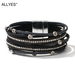 Crystal Leather Bracelet for Women Rhinestone Bangles Jewelry