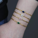 Colorful Birthstone CZ Rectangle Charm Bracelet For Women