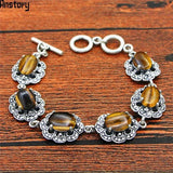 Vintage Tiger Eye Bracelet Plum Flower Antique Silver Gem Stone Jewelry