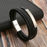 Men's Braided Steel & Leather Bracelet Magnet Buckle Charm Gift