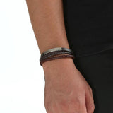 Men's Braided Steel & Leather Bracelet Magnet Buckle Charm Gift