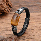 Geometric Tiger Eye Bracelet, Double Leather Chain, Real Stone Bracelet