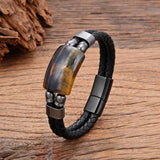 Geometric Tiger Eye Bracelet, Double Leather Chain, Real Stone Bracelet