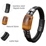 Geometric Tiger Eye Bracelet, Double Leather Chain, Real Stone Bracelet