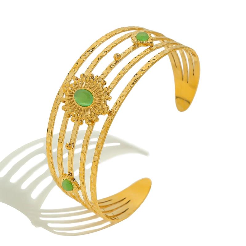 Vintage 18K Plated Cuff Bracelet with Green Opal