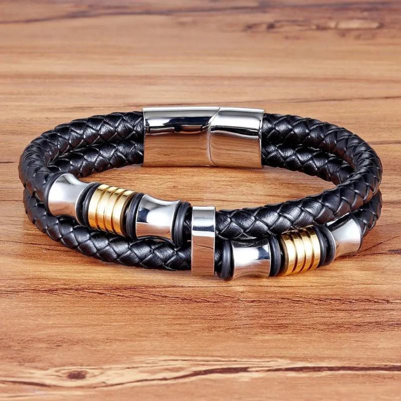 Geometric Pattern Stainless Steel Leather Men's Bracelets