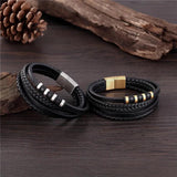 Multilayer Braided Leather Bracelet Men Stainless Steel Magnetic Clasp Bangles