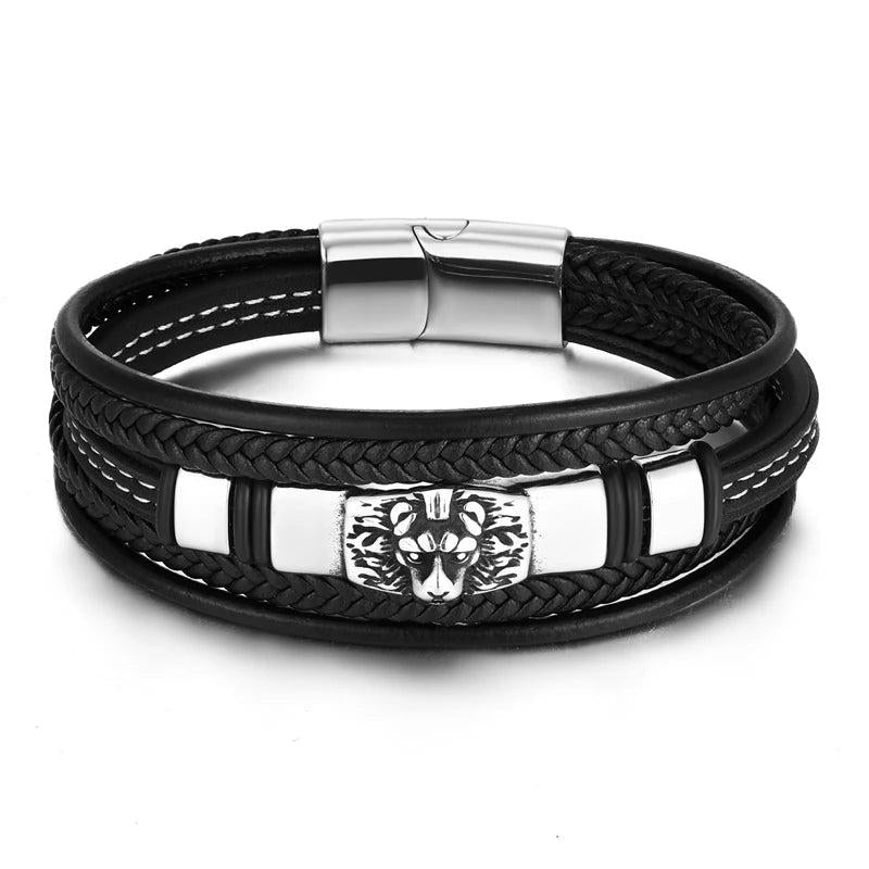 Men's Lion Head Leather Bracelet Stainless Steel