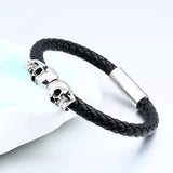 Punk Skull Leather Rope Bracelet Stainless Steel Bangle