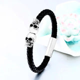 Punk Skull Leather Rope Bracelet Stainless Steel Bangle