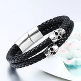 Punk Skull Leather Rope Bracelet Stainless Steel Bangle