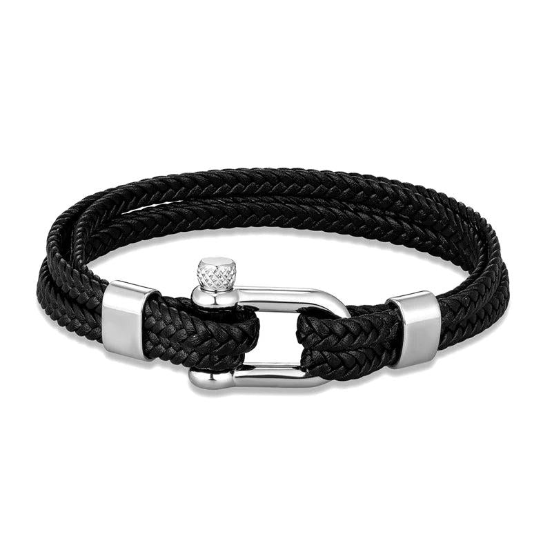 Navy Style Leather Bracelet Men Women Stainless Steel Shackle Jewelry