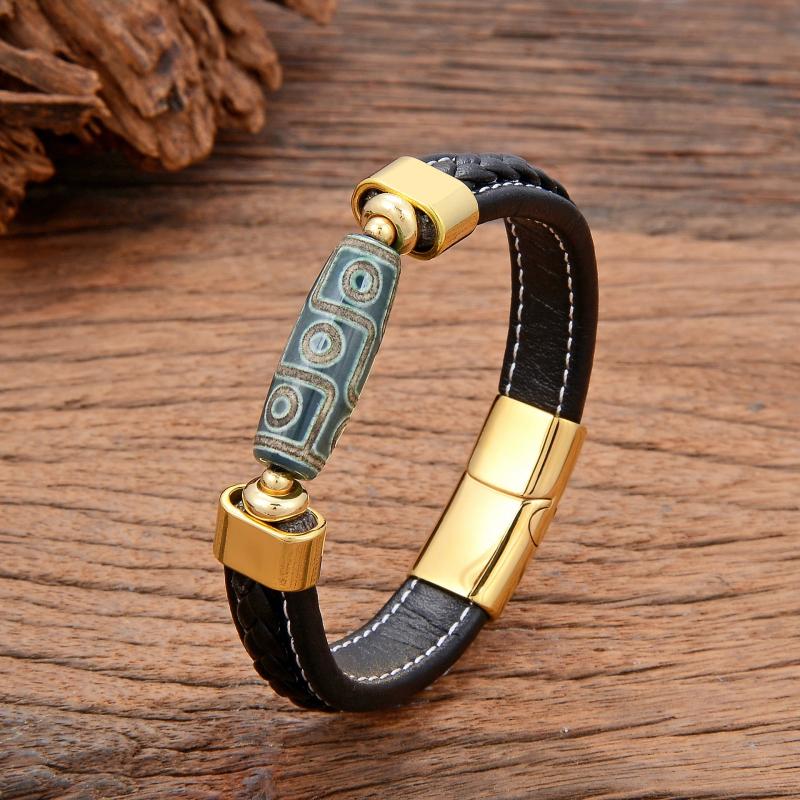 Tibetan Nine Eyes Dzi Stone Bracelet Vintage Leather Rope Bangle