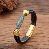Tibetan Nine Eyes Dzi Stone Bracelet Vintage Leather Rope Bangle