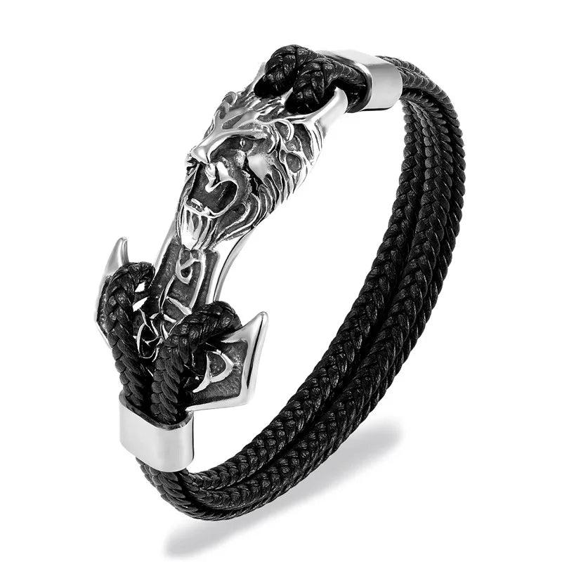 Wolf Lion Stainless Steel Anchor Shackles Braid Leather Bracelet