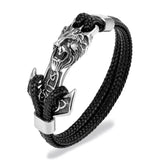 Wolf Lion Stainless Steel Anchor Shackles Braid Leather Bracelet