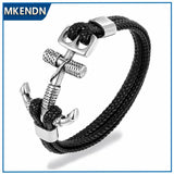Wolf Lion Stainless Steel Anchor Shackles Braid Leather Bracelet