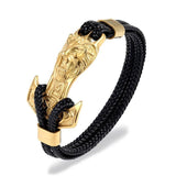 Wolf Lion Stainless Steel Anchor Shackles Braid Leather Bracelet