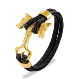 Wolf Lion Stainless Steel Anchor Shackles Braid Leather Bracelet