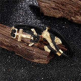 Wolf Lion Stainless Steel Anchor Shackles Braid Leather Bracelet