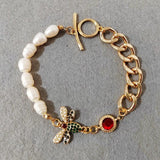 Golden Natural Pearl Crystal Bee Chain Bracelet