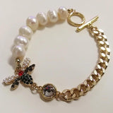 Golden Natural Pearl Crystal Bee Chain Bracelet