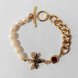 Golden Natural Pearl Crystal Bee Chain Bracelet