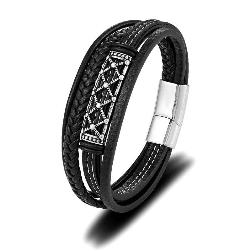 Braided Wrap Multilayer Leather Bracelets for Men Vintage Hollow Pattern