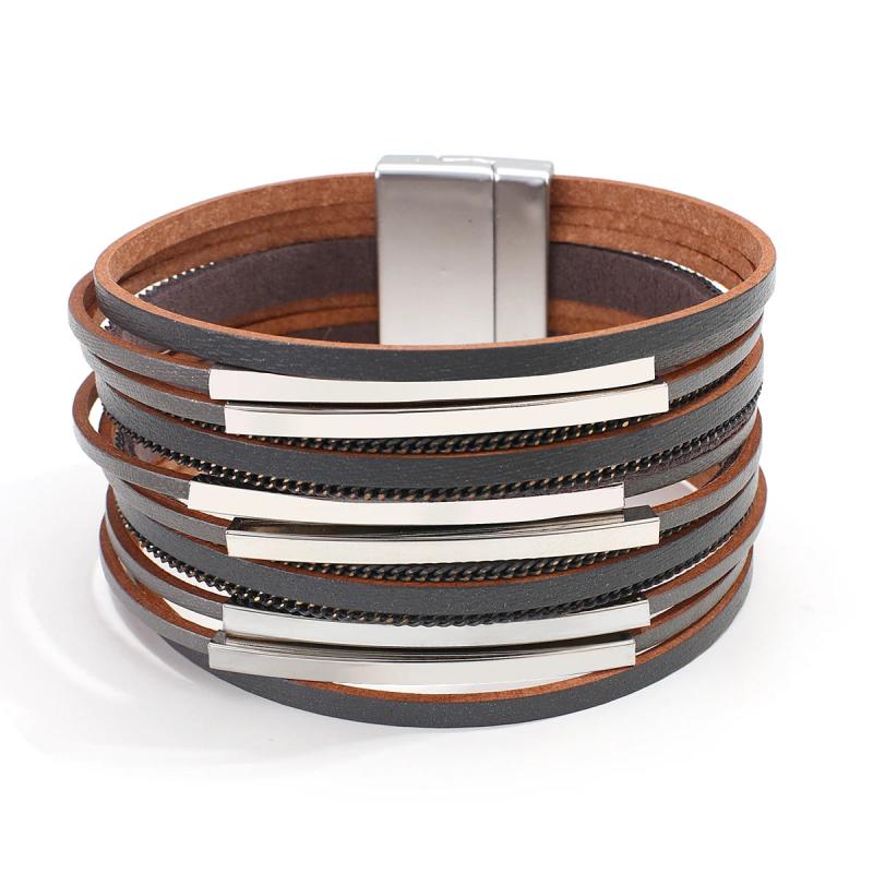 Boho Multilayer Slim Leather Bracelets Metal Tube Chain Wrap Bangle