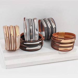 Boho Multilayer Slim Leather Bracelets Metal Tube Chain Wrap Bangle