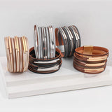 Boho Multilayer Slim Leather Bracelets Metal Tube Chain Wrap Bangle