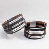 Boho Multilayer Slim Leather Bracelets Metal Tube Chain Wrap Bangle
