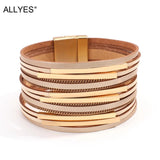 Boho Multilayer Slim Leather Bracelets Metal Tube Chain Wrap Bangle