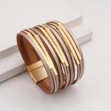 Boho Multilayer Slim Leather Bracelets Metal Tube Chain Wrap Bangle
