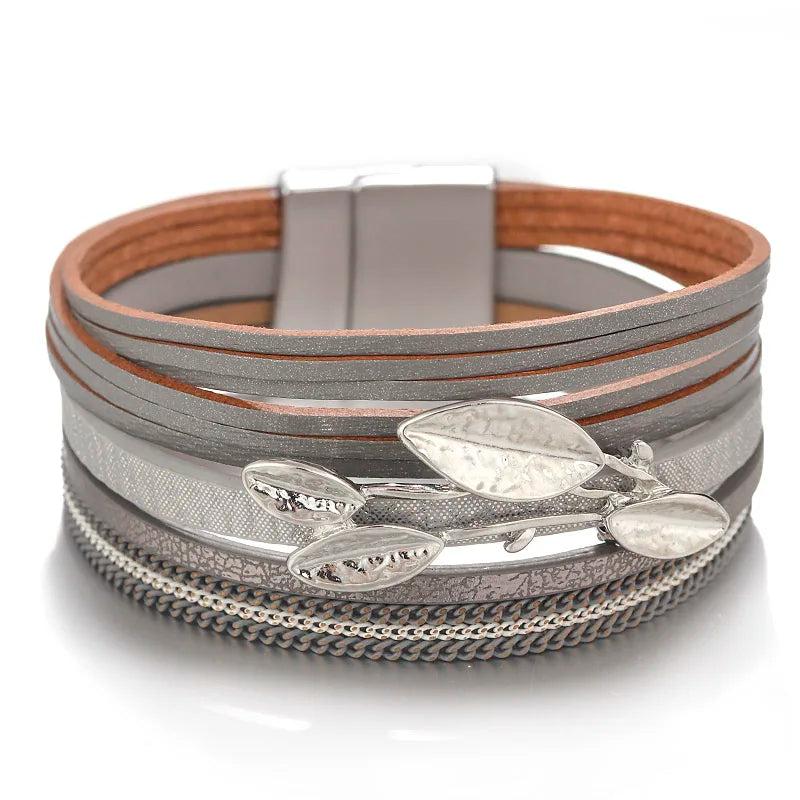 Women's Metal Leaves Charm Wide Bracelet