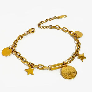 Peri'sbox Titanium Steel Stars Coin Charm Bracelet Oval Chain Bangle