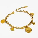 Peri'sbox Titanium Steel Stars Coin Charm Bracelet Oval Chain Bangle
