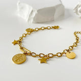 Peri'sbox Titanium Steel Stars Coin Charm Bracelet Oval Chain Bangle