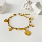 Peri'sbox Titanium Steel Stars Coin Charm Bracelet Oval Chain Bangle