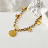 Peri'sbox Titanium Steel Stars Coin Charm Bracelet Oval Chain Bangle