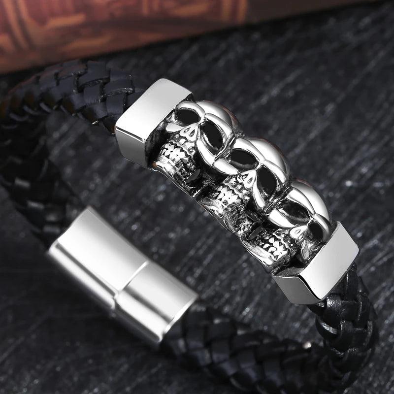 Stainless Steel Leather Bracelets Double Layers Cowhide Braid Rope Gothic Skull