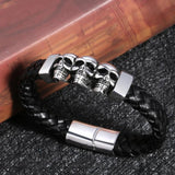 Stainless Steel Leather Bracelets Double Layers Cowhide Braid Rope Gothic Skull