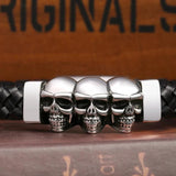 Stainless Steel Leather Bracelets Double Layers Cowhide Braid Rope Gothic Skull