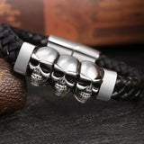 Stainless Steel Leather Bracelets Double Layers Cowhide Braid Rope Gothic Skull