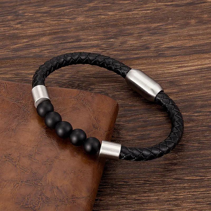Men's Multilayer Leather Beads Bracelet Stainless Steel Clasp Bangle
